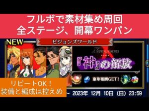 【FFBE】フルボで素材集め周回『神の解放/ビジョンズワールド』全ステージ開幕ワンパン! 純NV1体のみ!! 同一装備&編成!! ゼノギアスのみでクリアのミッション達成も可能!!